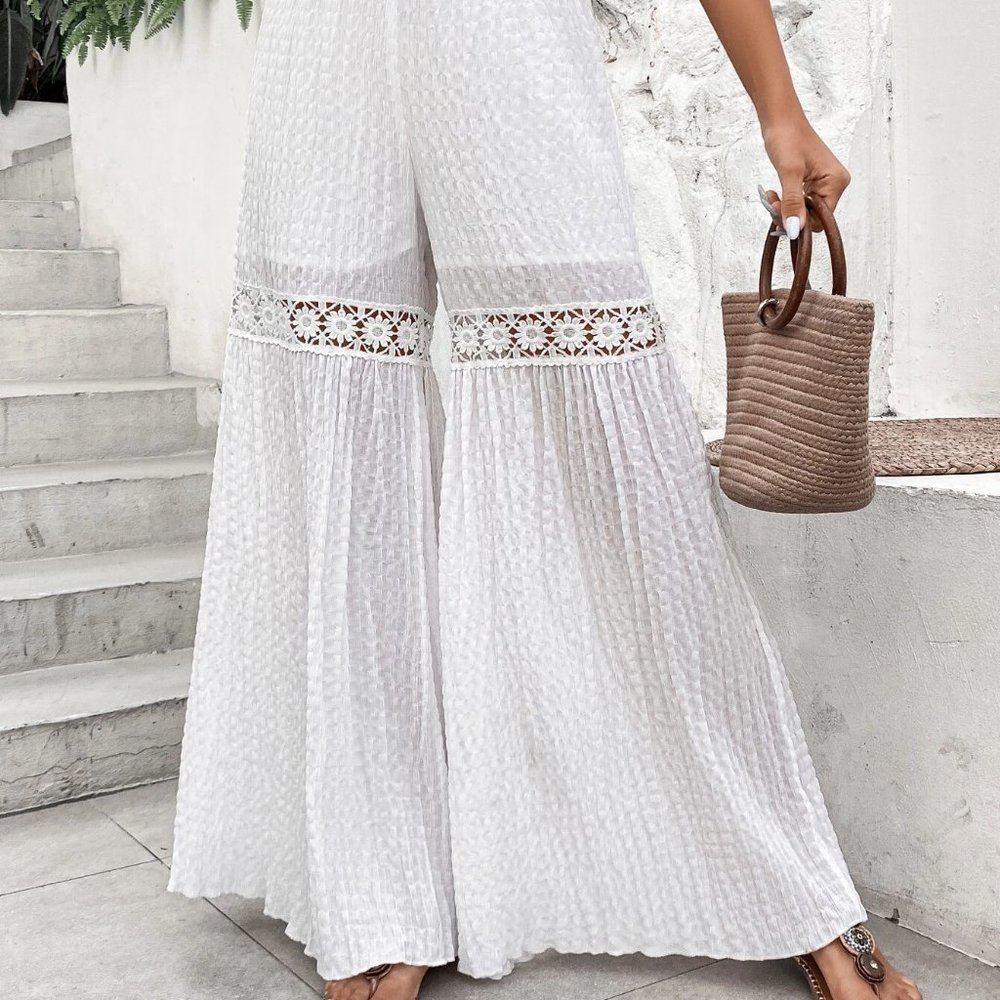 White Boho Womens Solid Contrast Lace Wide Leg Pants - Picture 5 of 5